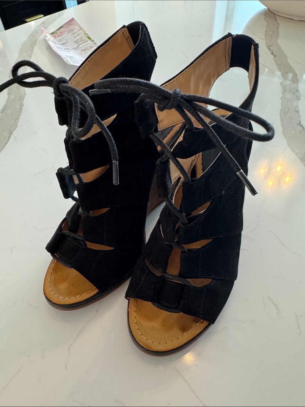 Women’s Black Lace-Up Suede Heeled Sandals